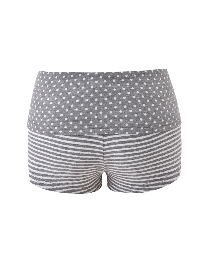 The DASHIELL MINI SHORT by TIGERMIST in heather grey features a high-waist design with polka dots and horizontal stripes, resembling rib knit shorts, shown against a plain white background.