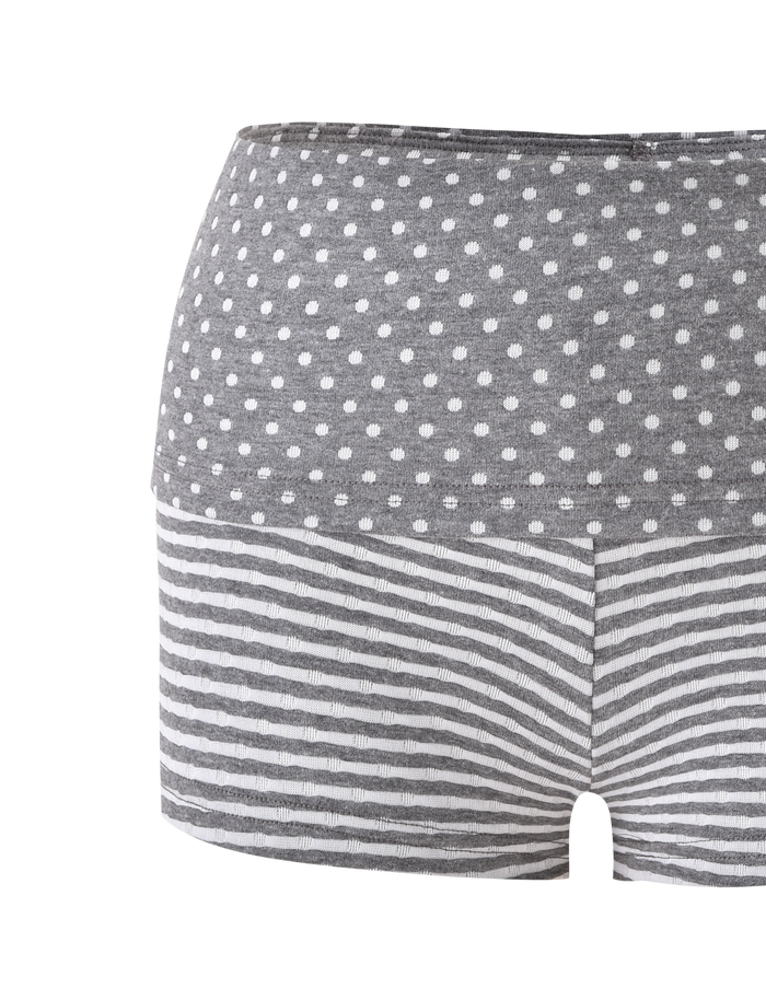 The DASHIELL MINI SHORT - HEATHER GREY by TIGERMIST features a gray and white rib knit design with white polka dots on the top half and horizontal stripes below, shown against a plain white background.