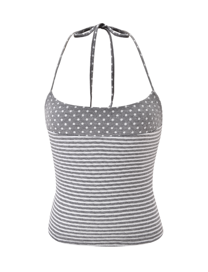 The DASHIELL TOP in Heather Grey by TIGERMIST is a gray rib knit halter with adjustable neck ties, featuring playful polka dots on the top and classic horizontal white and gray stripes below.