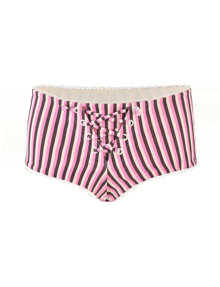 The TIGERMIST DAZZLE BIKINI BOTTOM - STRIPE is a high-waisted swim short with pink and brown stripes, a lace-up front, and scalloped lace trim on the waistband and leg openings.