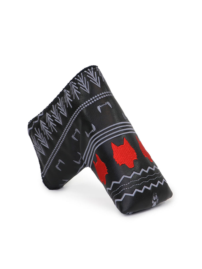 Greyson Deco Blade Putter Cover - Black Leather, Red Wolf Embroidery, Deco Print, Front Angle | Greyson Clothiers