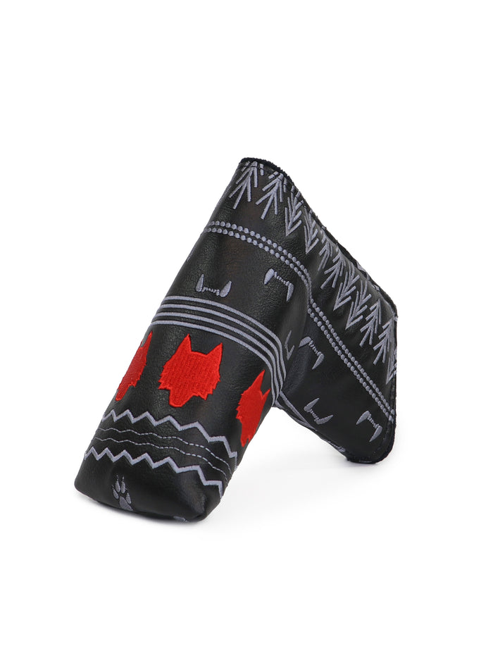 Greyson Deco Blade Putter Cover - Black Leather, Red Wolf & Deco Print Detail, Side View | Greyson Clothiers