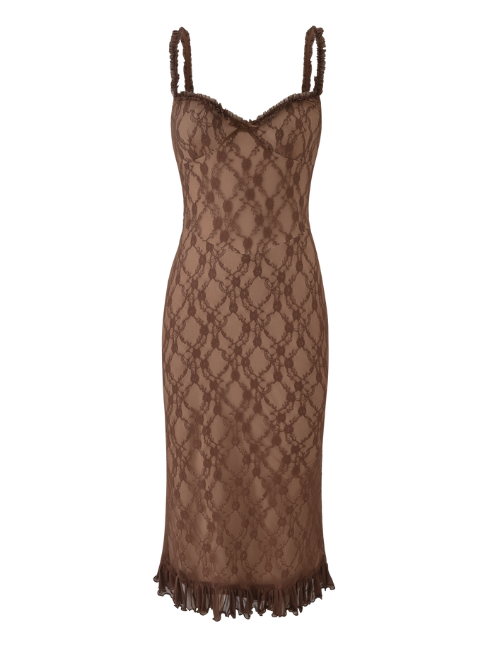 The DEJA DRESS - BROWN LACE by TIGERMIST is a sleeveless mesh midi dress with thin straps, a sweetheart neckline, fitted silhouette, scalloped hem, and an all-over floral lace design.