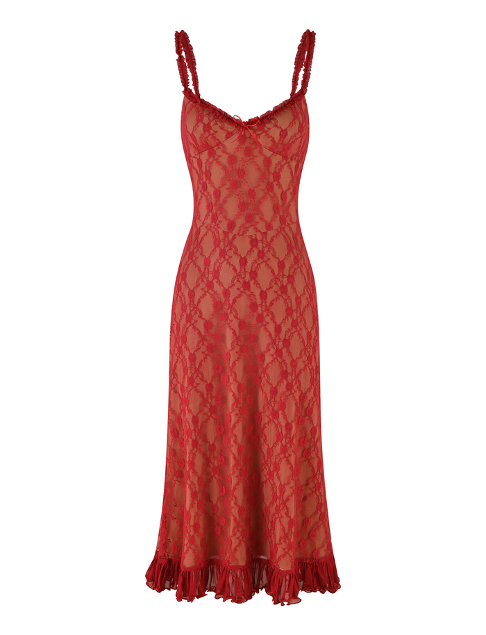 The DEJA DRESS - RED : BERRY RED by TIGERMIST features delicate floral lace, spaghetti straps, a fitted bodice with a sweetheart neckline, and a ruffled, slightly flared hem in vibrant berry red.