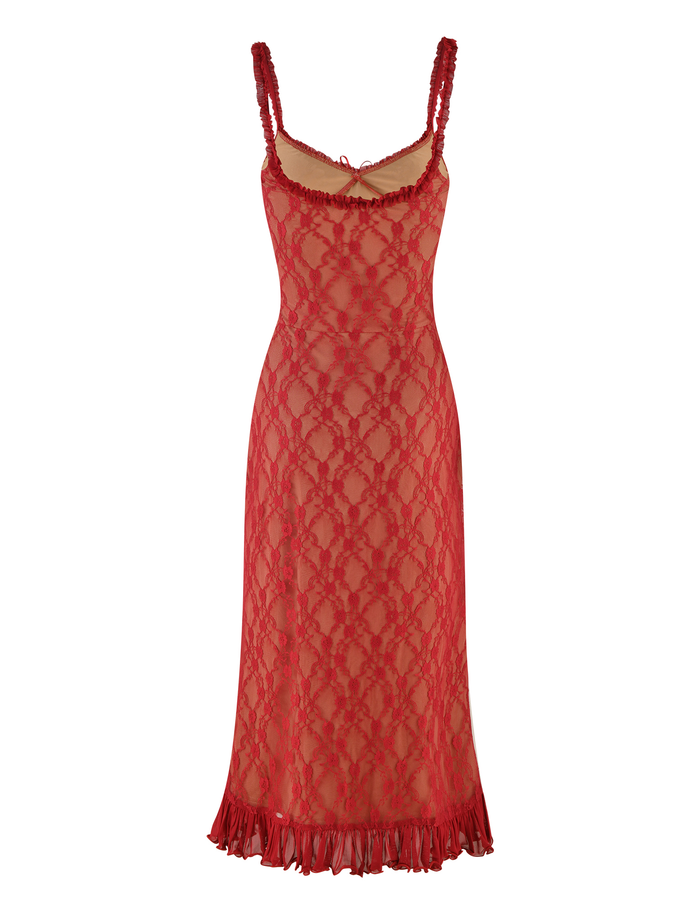 The DEJA DRESS - RED : BERRY RED by TIGERMIST is a mid-calf, sleeveless dress with spaghetti straps, a sweetheart neckline, ruffle trim accents, and a berry red floral lace overlay on a nude underlayer.