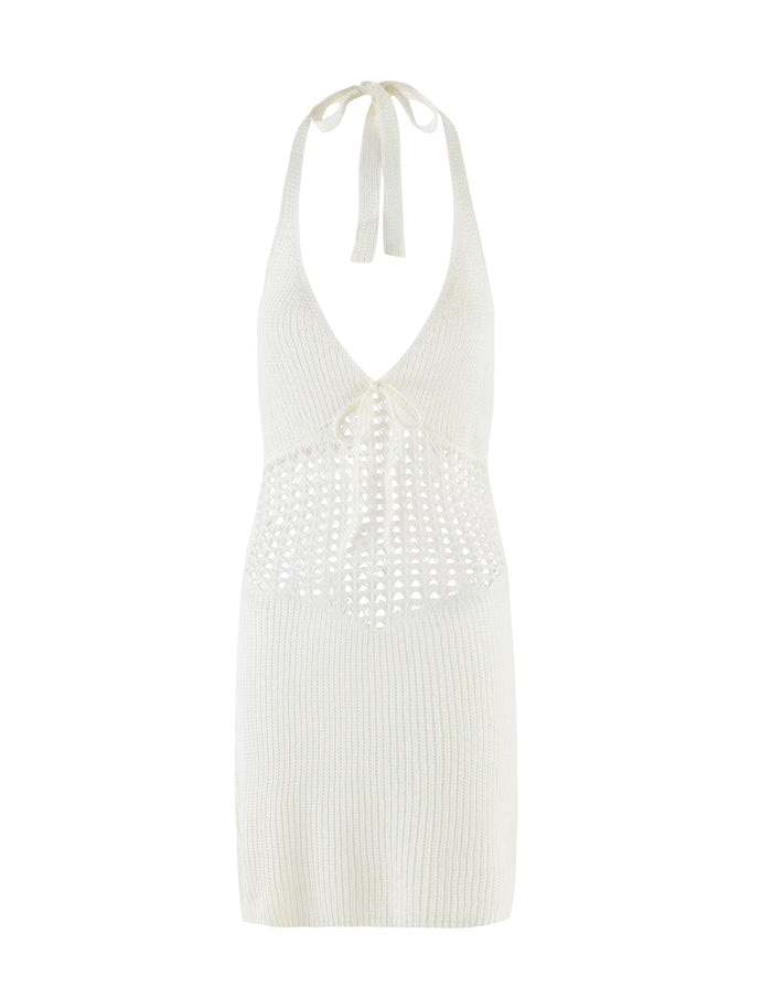 The TIGERMIST DELTA MINI DRESS - WHITE is a sleeveless crochet dress with a deep V-neck, tie neck, and open crochet waist. Its relaxed mini length makes it perfect for effortless summer style.