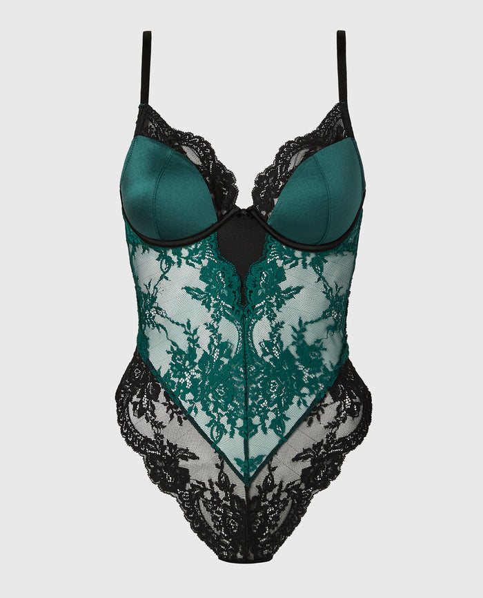 Demi Opulent Lace Bodysuit in Emerald Green
