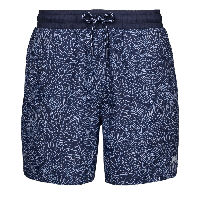 Den of Thieves Torch Swim Short - Navy Wolf Print, Front View, drawstring waist | Greyson Clothiers