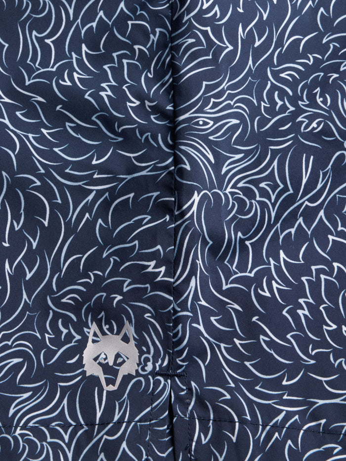 Den of Thieves Torch Swim Short - Signature Wolf Head Logo Detail on Maltese Blue Print | Greyson Clothiers