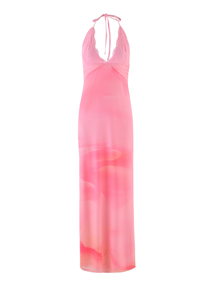 The DENAE MAXI DRESS by TIGERMIST is a pink, sleeveless halter maxi with a deep V neckline and floral blossom print.