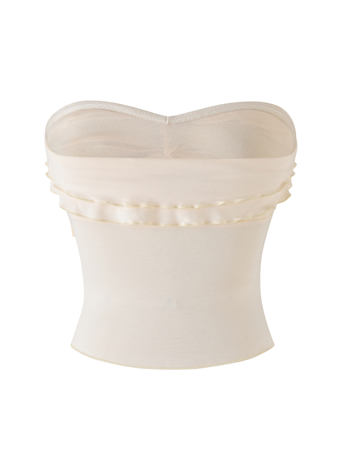 The TIGERMIST DENALI BOOB TUBE in Neutral: Bone is a sheer, strapless top with a classic silhouette, layered details at the top hem, and a subtle sheen, shown against a white background.