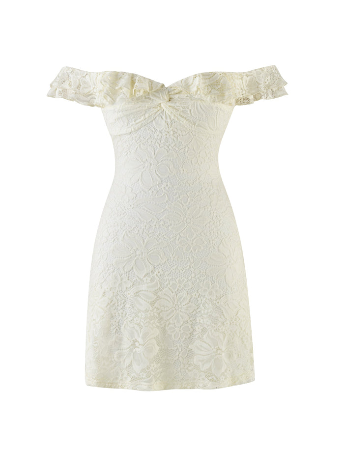 The DENALI LACE MINI DRESS by TIGERMIST features a cream lace design with an off-the-shoulder, ruffled neckline, fitted silhouette, and floral pattern for a delicate, feminine look perfect for any occasion.