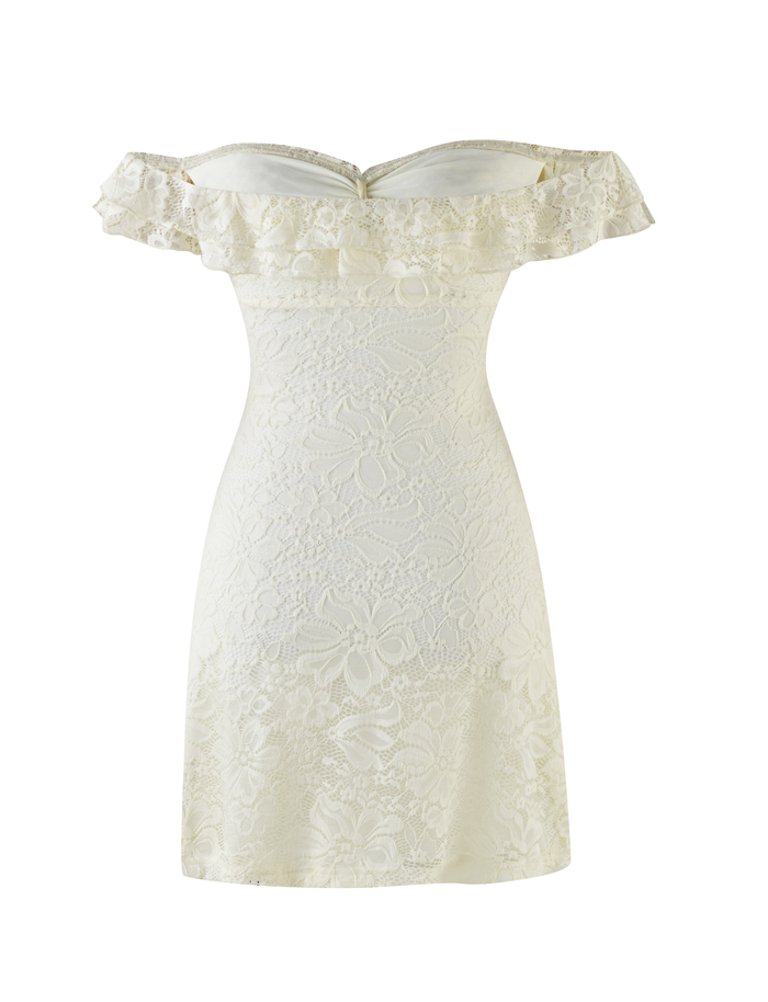 The DENALI LACE MINI DRESS by TIGERMIST in cream lace features an off-the-shoulder ruffled neckline, floral lace pattern, and fitted mini silhouette for an elegant look.