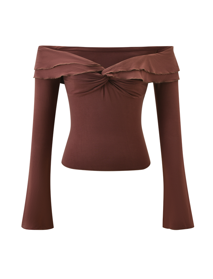 The DENALI LONG SLEEVE TOP - CHOCOLATE by TIGERMIST features long sleeves, a layered sweetheart neckline, an off-shoulder silhouette, a knotted front detail, and subtly flared sleeves.