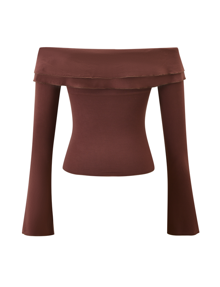 The TIGERMIST DENALI LONG SLEEVE TOP in chocolate features an off-the-shoulder, sweetheart neckline with a fitted bodice and slightly flared sleeves, finished with a wide folded-over detail. Shown against a white background.