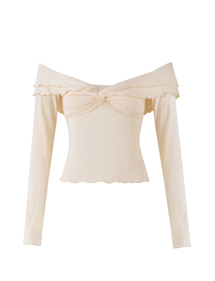 TIGERMIST DENALI LONG SLEEVE TOP in White Bone features an off-the-shoulder, sweetheart neckline with a knot detail, ruffled trim, and a slightly flared hem.