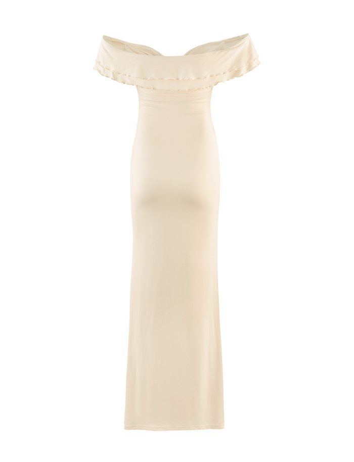 The TIGERMIST DENALI MAXI DRESS - WHITE: BONE is a cream-colored maxi with a sweetheart neckline, off-the-shoulder ruffles, and a fitted silhouette, shown against a white background.
