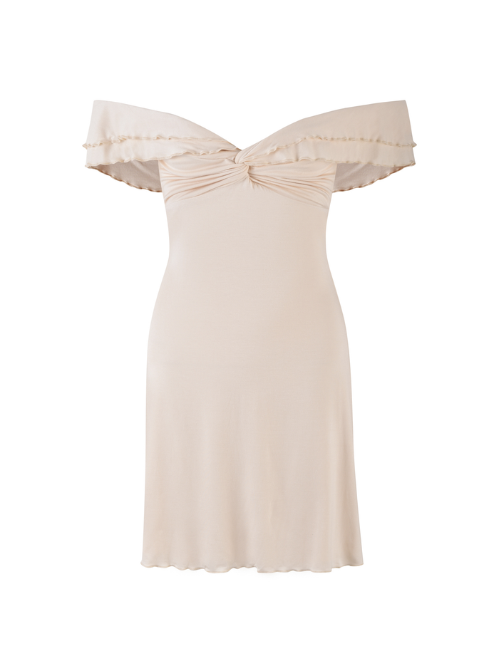 The DENALI MINI DRESS - WHITE : BONE by TIGERMIST features an off-the-shoulder design, sweetheart neckline, subtle ruffle trim, and A-line mini silhouette in a light beige tone for a chic, feminine, modern look.