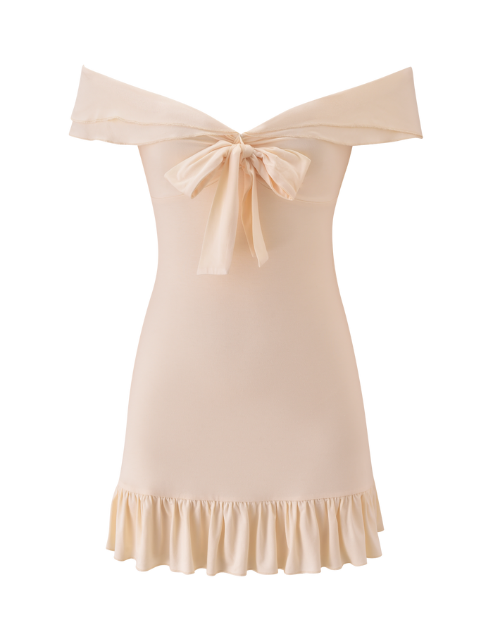 The DENALI MINI DRESS 2.0 - CREAM by TIGERMIST is an off-the-shoulder mini dress in light beige, showcasing a ruffled hem and large back bow. Its soft fabric and elegant design make it ideal for feminine, sophisticated styles.