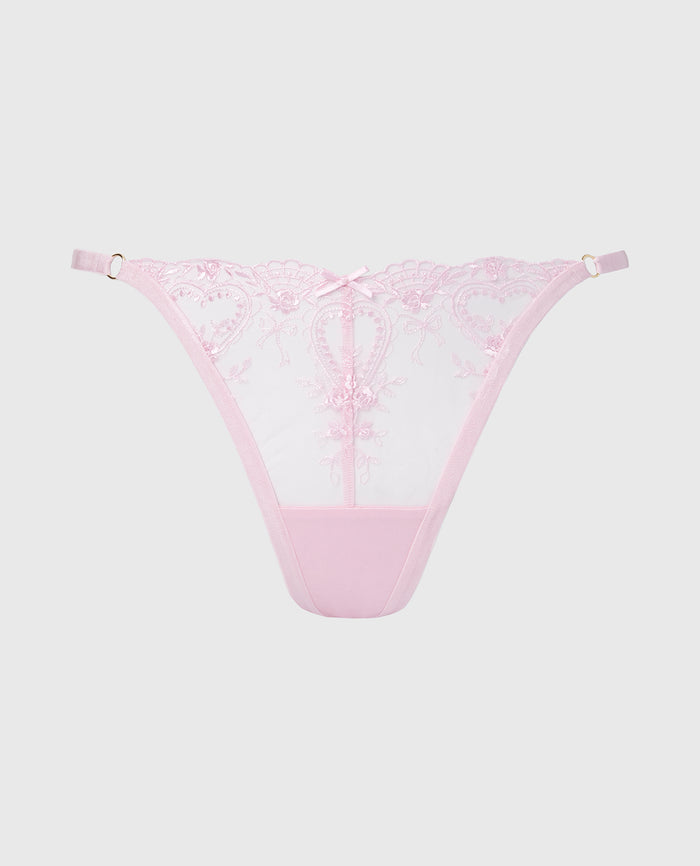Designer Collection High Leg String Thong with Be Mine Embroidery in Sweet Dream