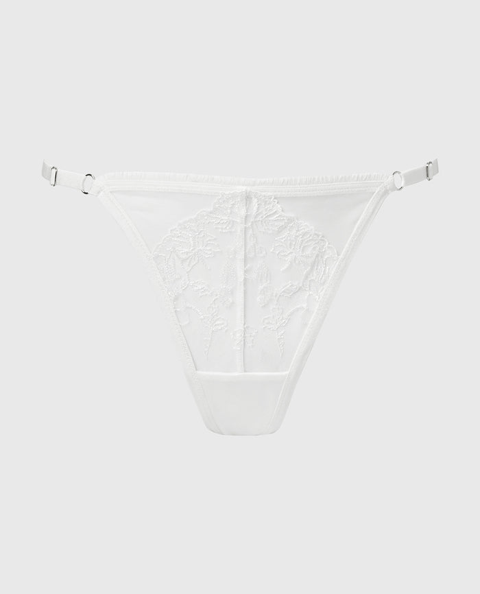 Designer Collection High Leg String Thong With Breezy Embroidery In Ivory