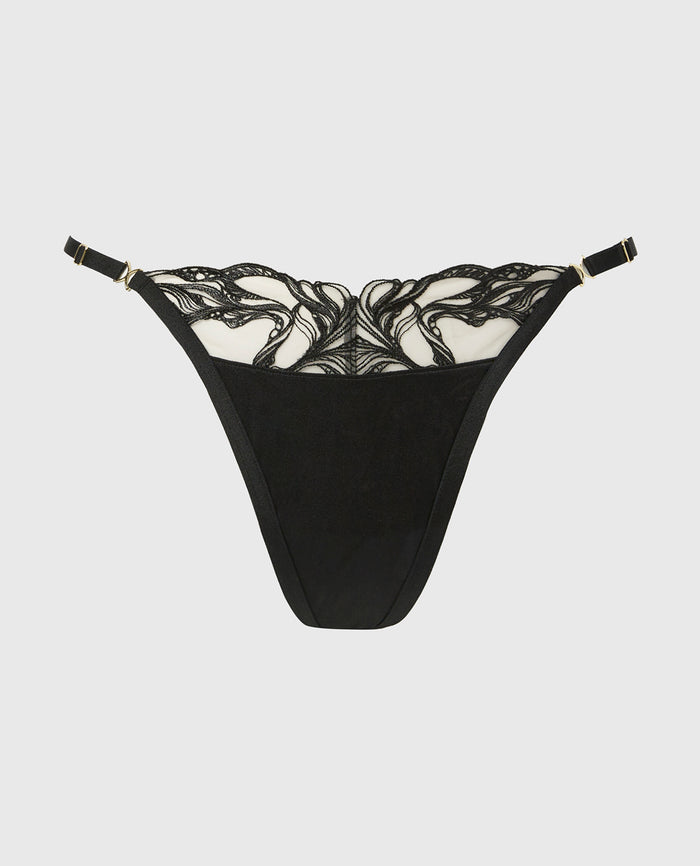 Designer Collection Thong Panty with Tidal Wave Embroidery in Rosetan w/ Tuxedo Black