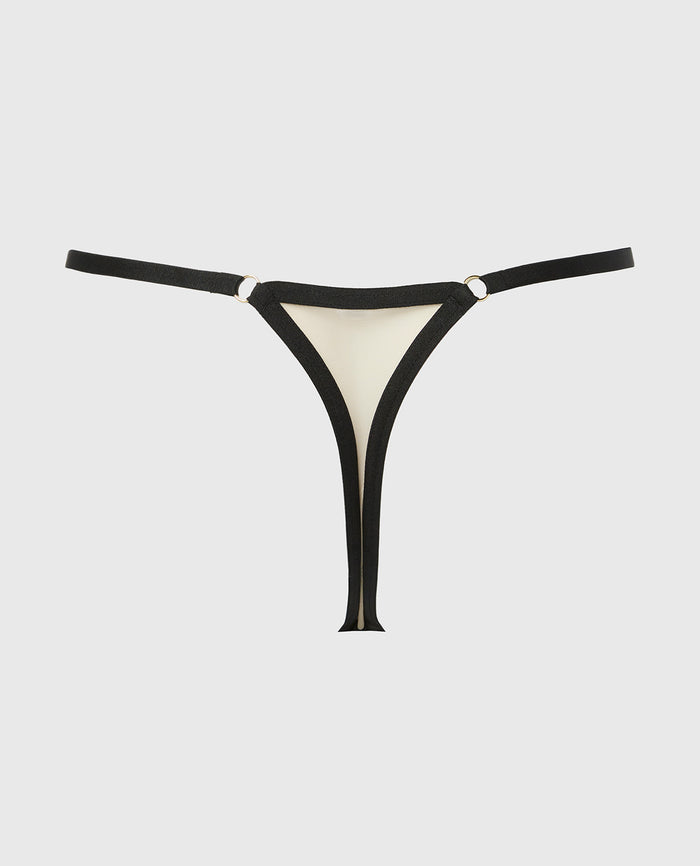 Designer Collection Thong Panty with Tidal Wave Embroidery in Rosetan w/ Tuxedo Black