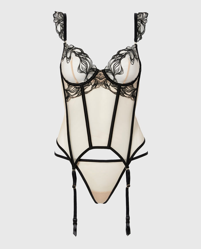 Designer Collection Unlined Demi Merrywidow with Tidal Wave Embroidery in Rosetan w/ Tuxedo Black