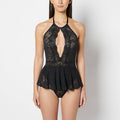 Designer Collection Unlined Halter Bodysuit in Timeless Lace in Tuxedo Black