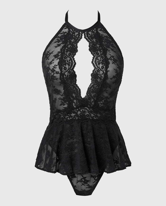 Designer Collection Unlined Halter Bodysuit in Timeless Lace in Tuxedo Black
