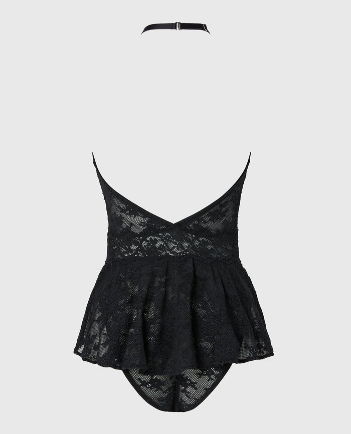 Designer Collection Unlined Halter Bodysuit in Timeless Lace in Tuxedo Black