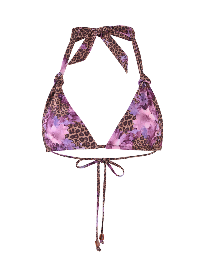The DESIRAE BIKINI TOP by TIGERMIST features a purple and brown floral leopard print with adjustable neck and back ties for a perfect fit.