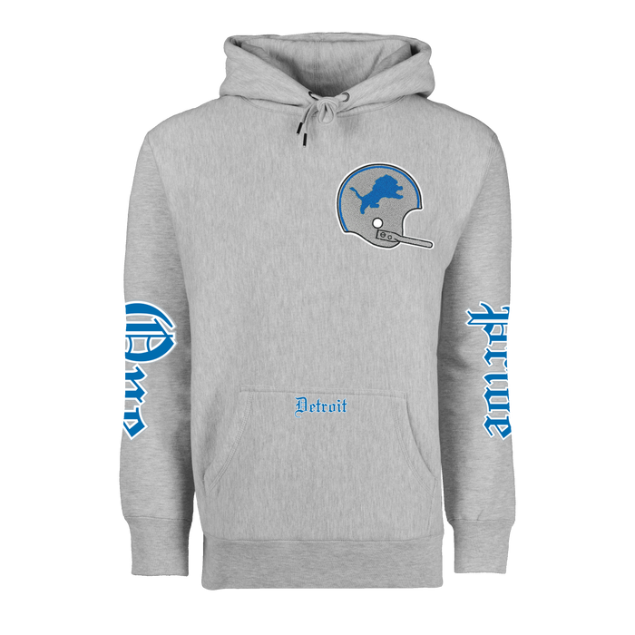 Detroit Lions One Pride Fireside Hoodie Light Grey Heather - Front View, Lions Helmet Patch & Sleeve Graphics | Greyson Clothiers