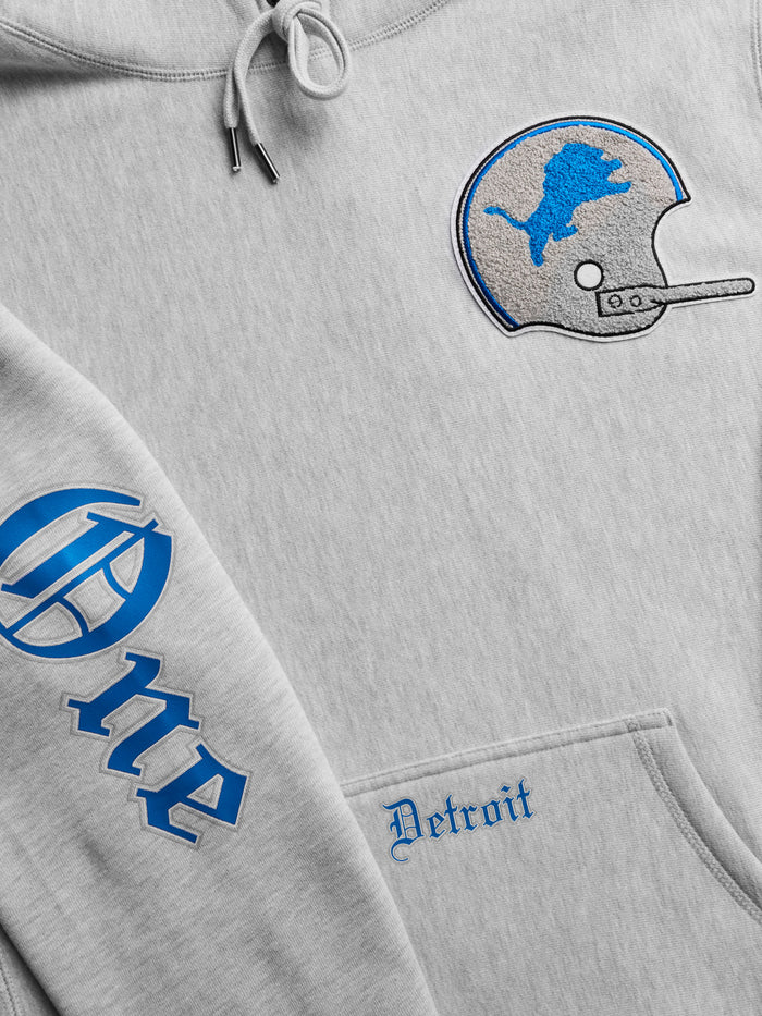 Detroit Lions One Pride Fireside Hoodie - Close-Up, Lions Helmet Patch & Detroit Pocket Embroidery Detail | Greyson Clothiers