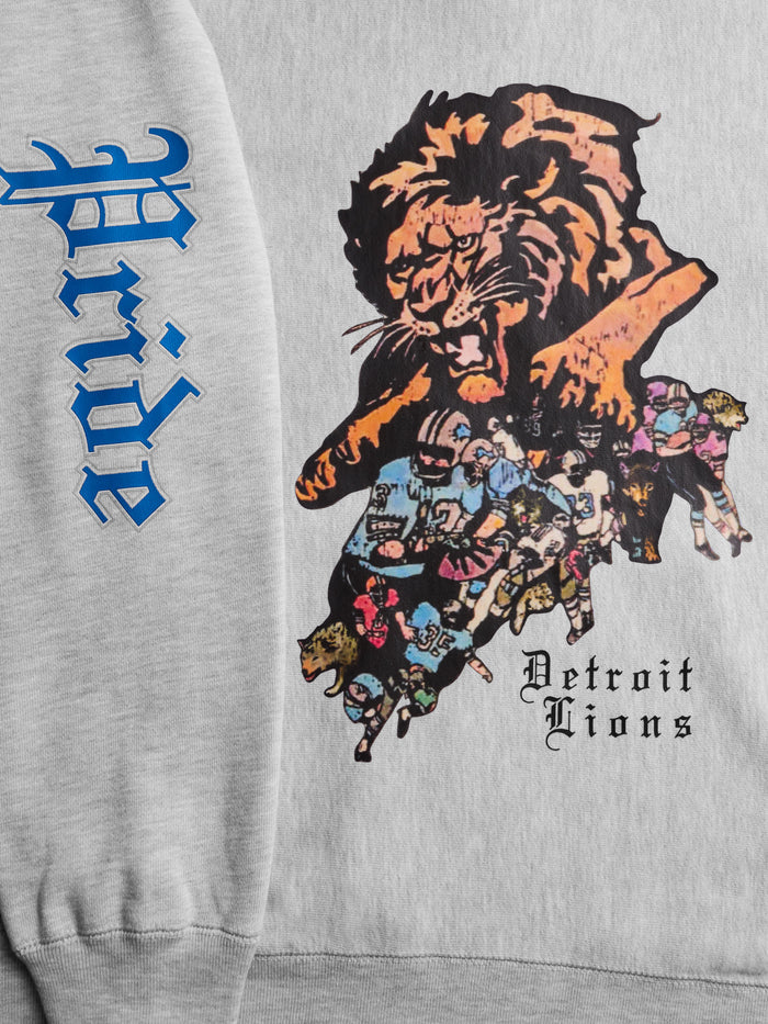 Detroit Lions One Pride Fireside Hoodie - Back Graphic Close-Up, Vintage Lion Artwork & Pride Sleeve Detail | Greyson Clothiers