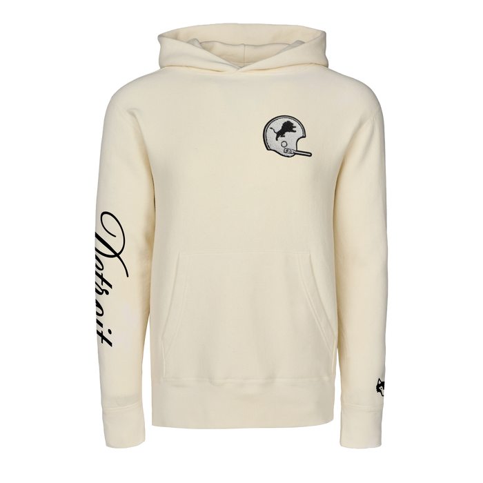 Bone Cotton Detroit Lions Soft Goods Natural Hoodie - Front View, Detroit Script Sleeve & Helmet Patch | Greyson Clothiers