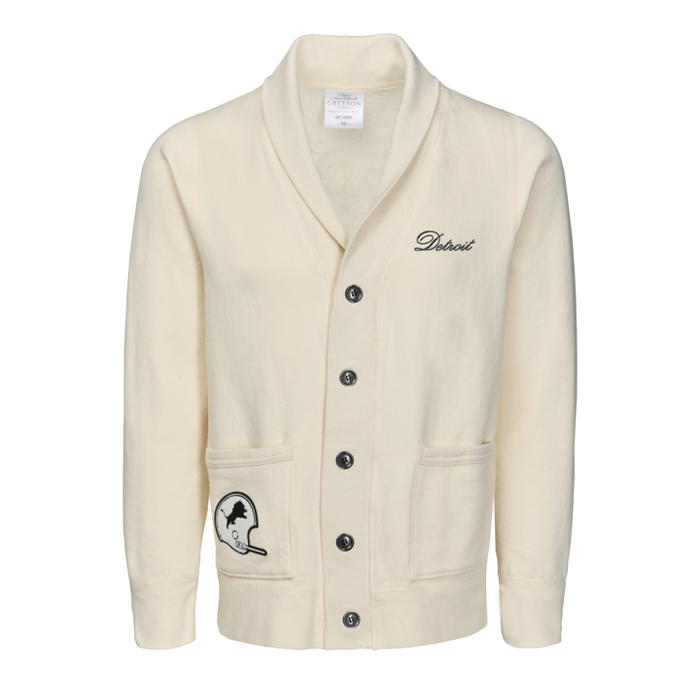 Bone Detroit Lions Soft Goods Shawl Cardigan - Front View, Detroit Script & Helmet Patch | Greyson Clothiers