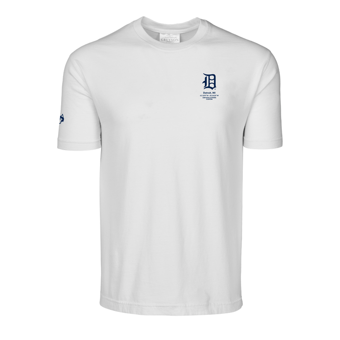 Arctic Cotton Detroit Tigers Crewneck Tee - Front View, Detroit MI Graphic & Wolf Sleeve Detail | Greyson Clothiers