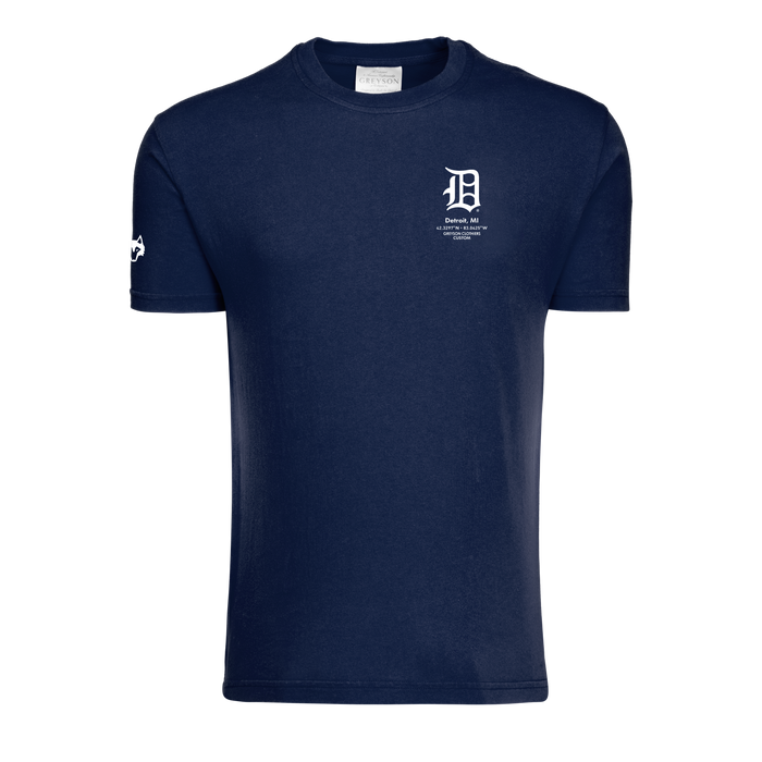 Maltese Blue Cotton Detroit Tigers Crewneck Tee - Front View, Detroit MI Graphic & Wolf Sleeve Detail | Greyson Clothiers