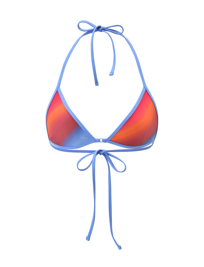 The TIGERMIST DIANA BIKINI TOP - CIELO OMBRE features a blue string halter style with a shiny ombre stripe gradient in red, orange, and purple on the cups, shown against a plain white background.