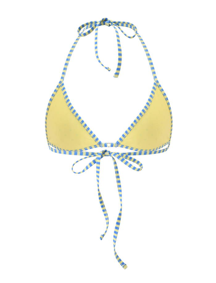 The DIANA BIKINI TOP - LEMON AND BLUEBERRY SPOT by TIGERMIST features a halter style with blue and white checkered straps and adjustable back ties, shown on a white background.