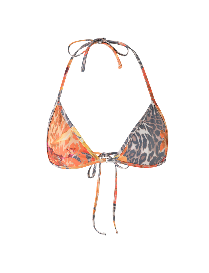 The DIANA BIKINI TOP by TIGERMIST features a halter neck, tie back, and a striking orange leopard print with gray animal patterns.