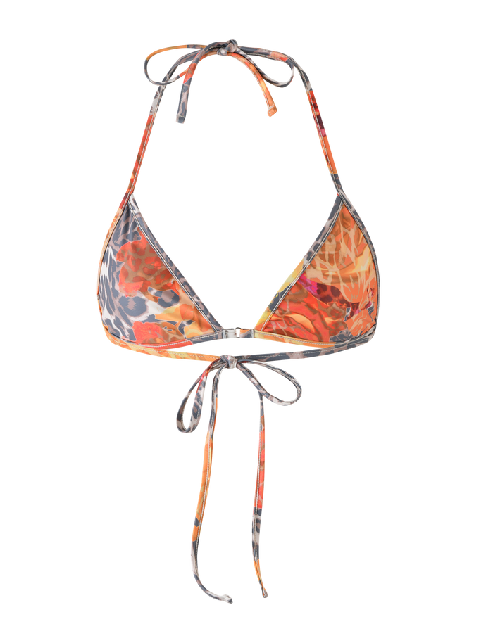 The TIGERMIST DIANA BIKINI TOP - MULTI : LEOPARD : ORANGE LEOPARD features an abstract orange, gray, and yellow leopard print with triangle cups and halter neck and back tie straps, shown on a white background.