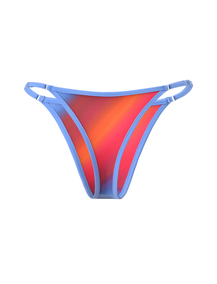 The TIGERMIST DIANA SWIM SKIRT SET - CIELO OMBRE features bikini bottoms with a vibrant red and orange ombre stripe design, accented by light blue straps and trim, shown against a plain white background.