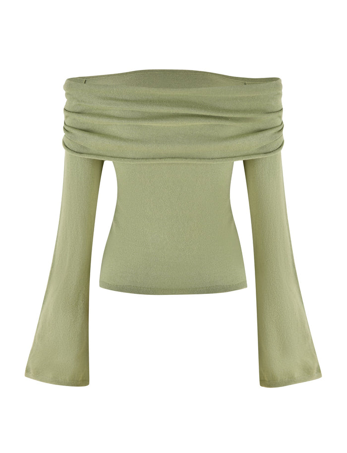 The DIEDRE JUMPER - GREEN by TIGERMIST is a light green off-the-shoulder top with long flared sleeves. The soft, slightly textured fabric is made from high stretch cotton, and its wide, gathered neckline offers a serene and elegant look.