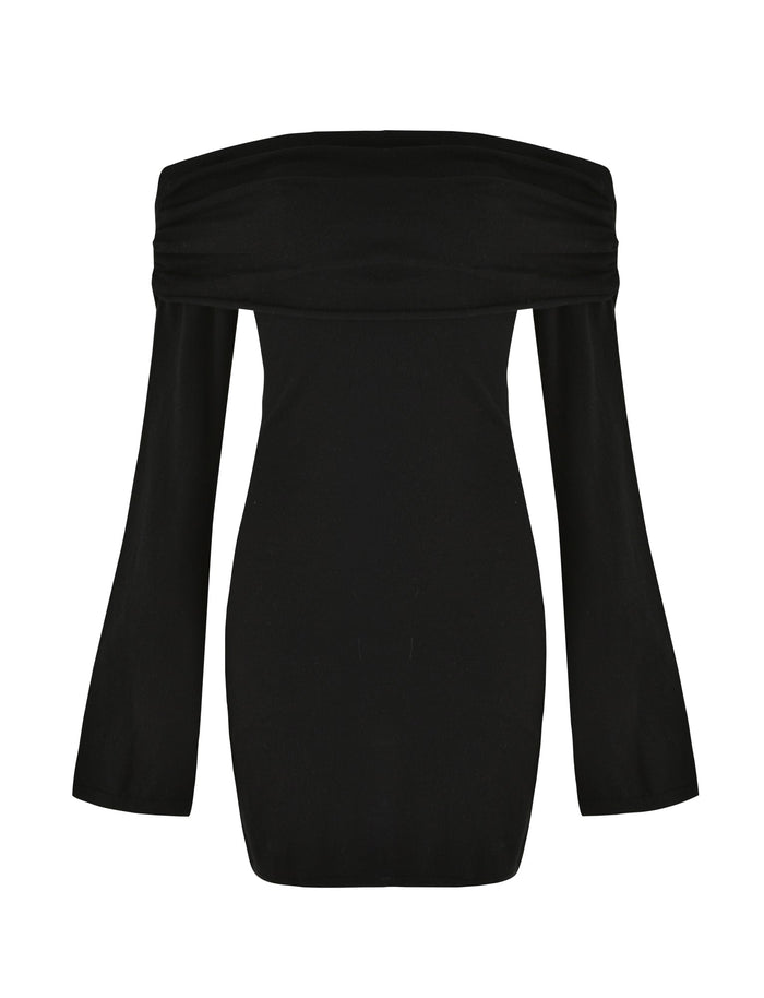 The DIEDRE JUMPER DRESS - BLACK from TIGERMIST is an off-the-shoulder, mini length dress with long sleeves, displayed on a white background. It features a fitted silhouette, straight neckline, and knit fabrication.