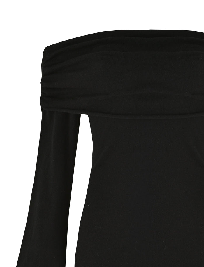 A close-up of the TIGERMIST Diedre Jumper Dress in black, showcasing its black, off-the-shoulder, long-sleeved design. The top features a folded-over neckline with knit fabrication that appears smooth and fitted. The photo highlights the upper part of the mini length dress without revealing the entire piece.