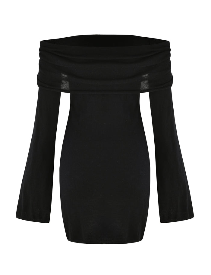 The DIEDRE JUMPER DRESS - BLACK by TIGERMIST is an off-shoulder dress featuring long, wide sleeves. The folded-over neckline creates a draped effect. This mini-length dress offers a fitted silhouette and a slightly flared hem in knit fabrication.