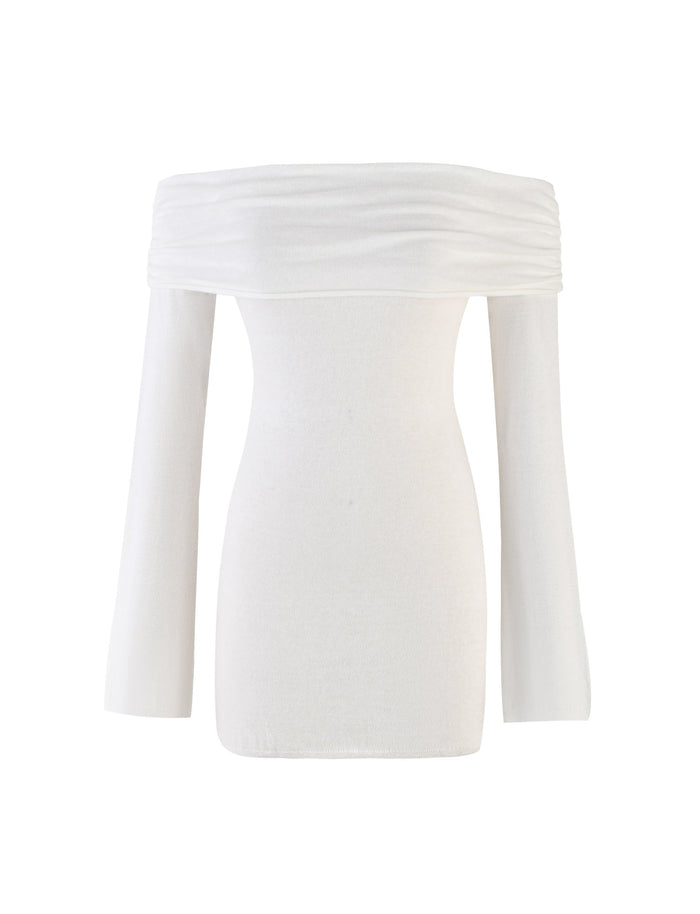Discover the DIEDRE Jumper Dress in white from TIGERMIST. This off-the-shoulder, long-sleeve beauty features a ruched, draped neckline and a form-fitting design with slightly flared sleeves. Crafted from soft, stretchable fabric, it offers both comfort and style with its smooth texture.