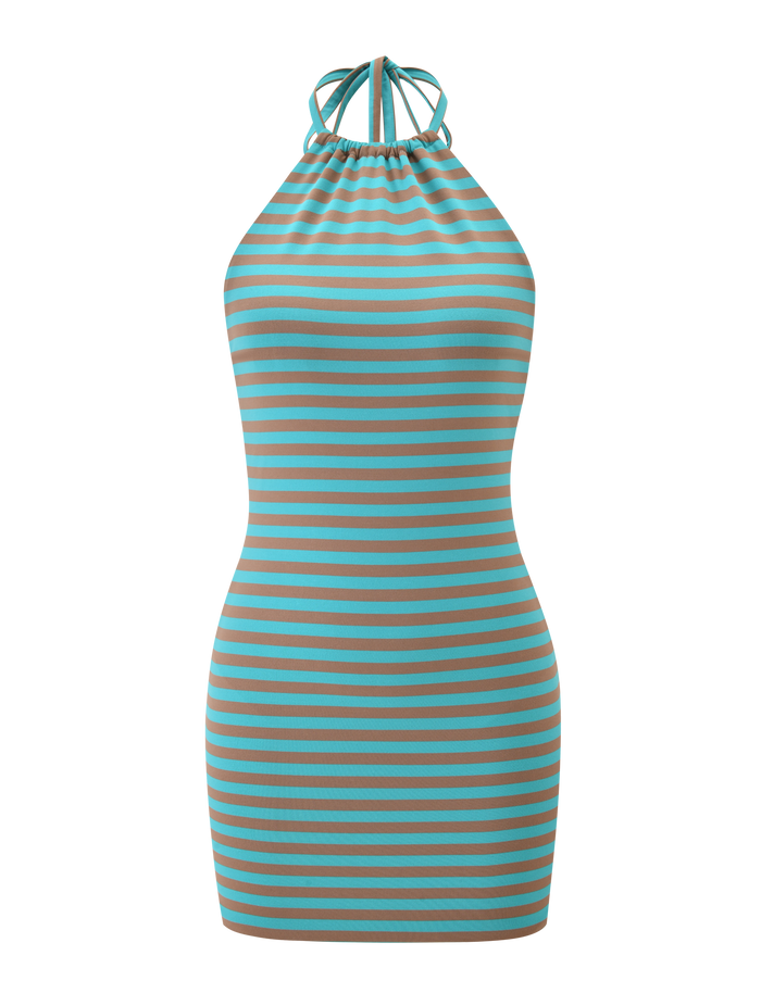 The TIGERMIST DILLON DRESS 2.0 - MUSHROOM AQUA STRIPE is a sleeveless, bodycon mini dress with a halter neckline, showcasing chic horizontal brown and turquoise stripes for a modern style.